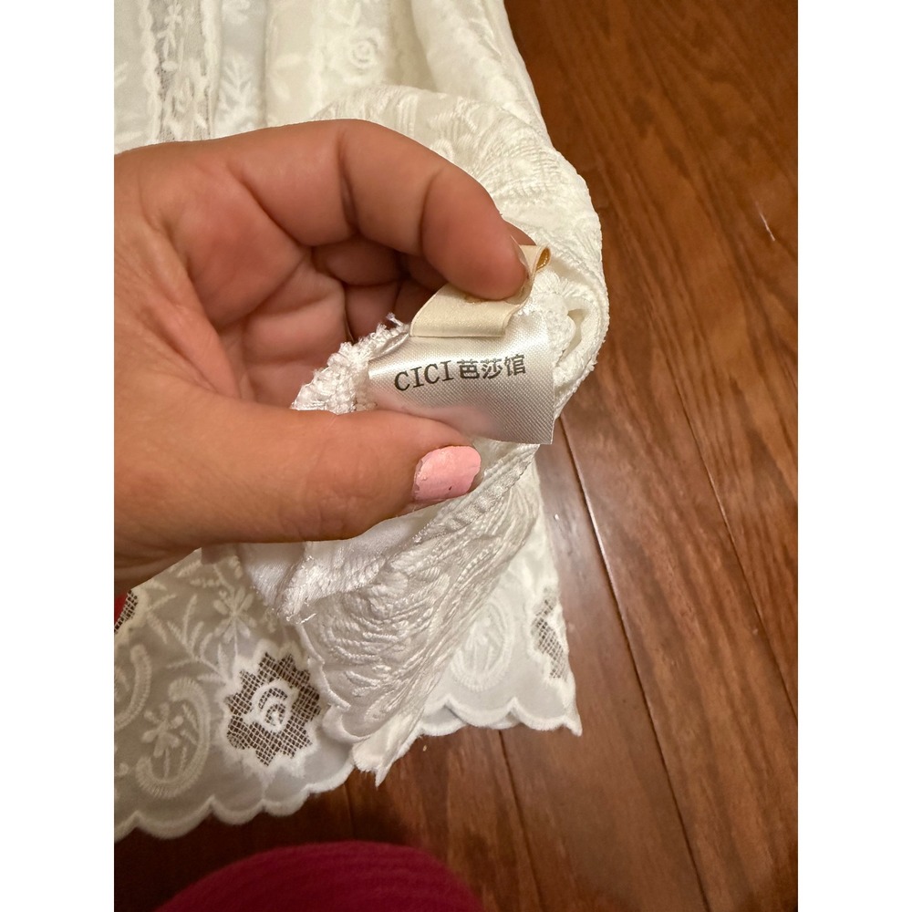 CICI White Floral Lace V-Neck Midi Dress Long Sleeve Bishop Scalloped Hem Size M - Picture 2 of 8